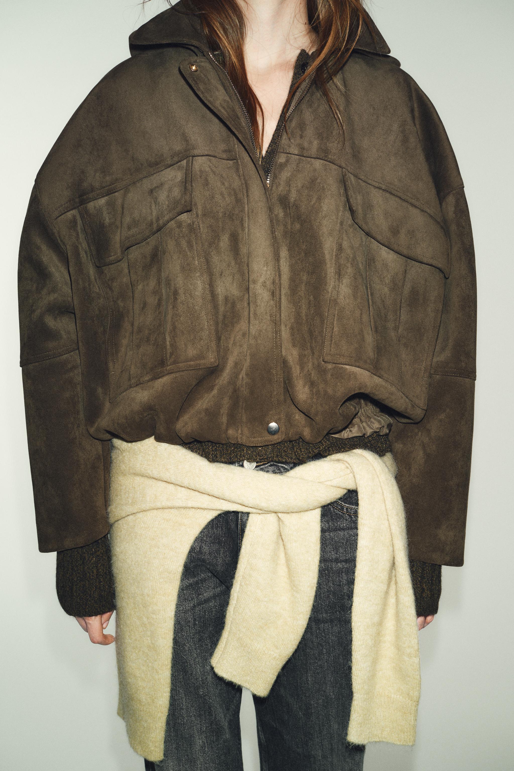 OVERSIZED FAUX SUEDE HOODED BOMBER JACKET